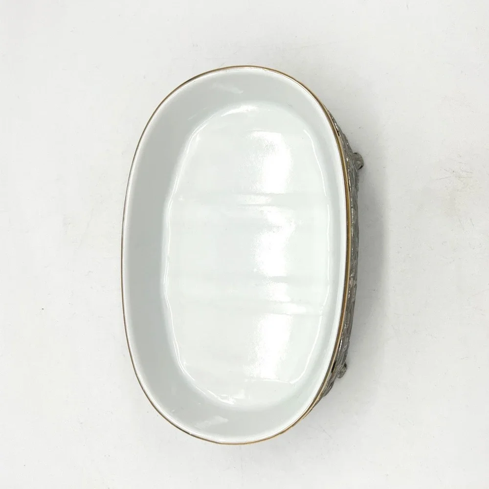 Vintage Oval Ceramic Soap Dish with Ornate Silver Metal Footed Basket